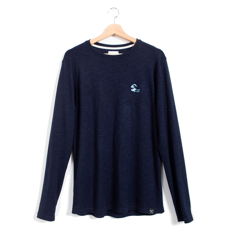 Langarm-T-Shirt – recycelter Stoff – Japanische Welle vor Kanagawa – dunkelblau