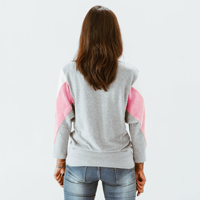 Sweatshirt - AMY - gemaakt van 4 verschillende gerecyclede stoffen - wit, donker roze, grijsº - The Driftwood Tales
