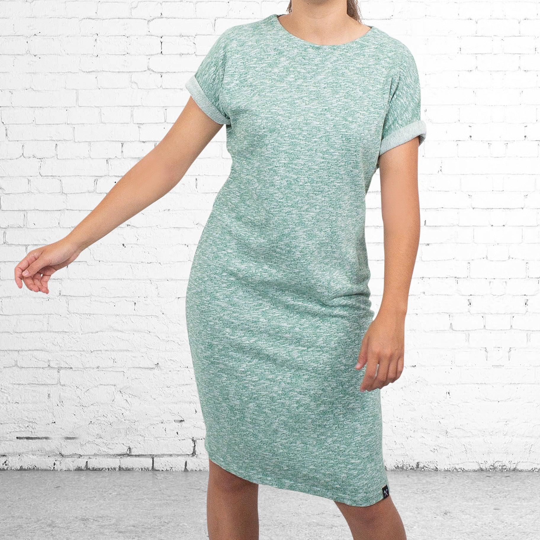 Jurk - gerecycled katoen - groen/wit melange van €65,00 voor €50,00